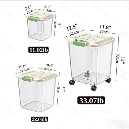Récipient hermétique de stockage pour nourriture pour animaux avec roulettes et cuillère doseuse – Boîte roulante transparente avec couvercle hermétique verrouillable et compartiments anti-déversement pour chiens, chats et oiseaux, plusieurs tailles