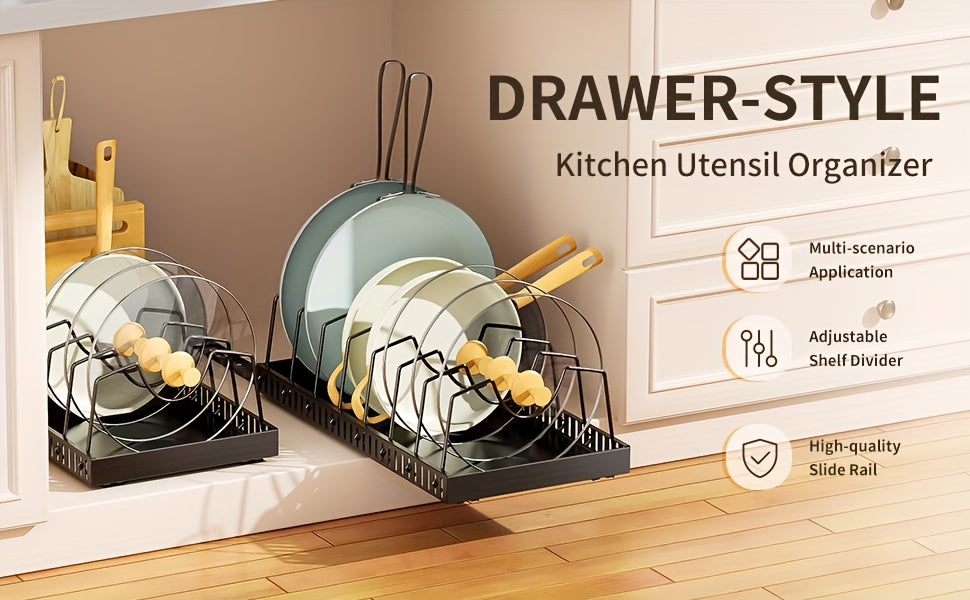 Organisateur de placard coulissant pour casseroles et poêles avec support à couvercles – 8/16 séparateurs réglables, installation sans perçage, rangement coulissant pour couvercles, ustensiles de pâtisserie et assiettes – 1 ou 2 pièces, noir et blanc