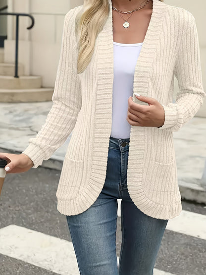 Women's Elegant Front Open Sweater Cardigan Long Sleeve Pleated Detail Solid Color - Soft Suede Feel Layering Piece for Fall Winter Office Casual Daily Wear