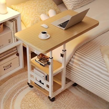 Table pour ordinateur portable réglable en hauteur avec 4 roulettes et double étagère – Bureau poste de travail mobile pour chevet, dortoir, bureau, salon, structure en acier robuste, design gain de place