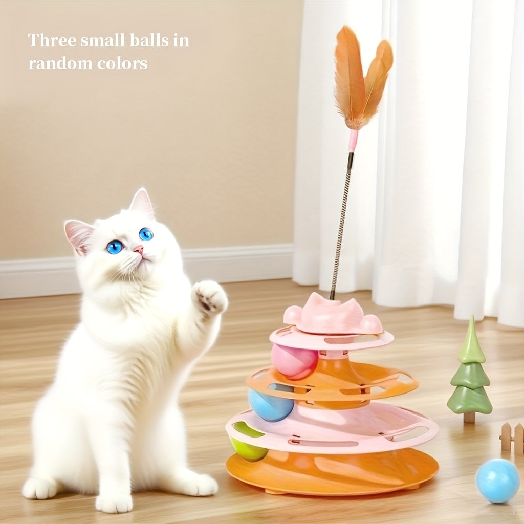 Jouet carrousel pour chat avec plume et balle rotative - Plateau tournant interactif pour chat d'intérieur, jouet stimulant anti-ennui, aucune pile requise, 3 couleurs : vert clair, bleu, rose