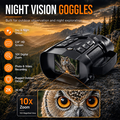 Jumelles de vision nocturne 2K Ultra HD – Jumelles infrarouges avec écran IPS, batterie rechargeable, zoom 10X, portée de 800 mètres, pour la chasse, le camping et la surveillance de sécurité, cadeau pour hommes