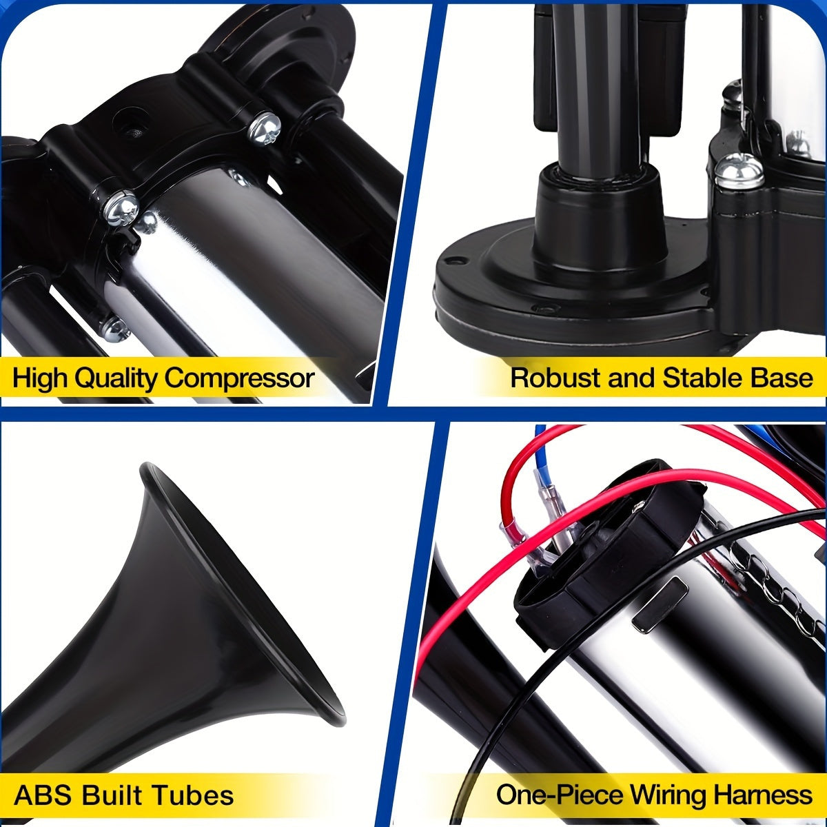 Kit de klaxon à air double super puissant 12V 24V avec compresseur d'air 105-137 dB, klaxon électrique universel en alliage d'aluminium pour camion, train, voiture, SUV, moto, bateau et pick-up