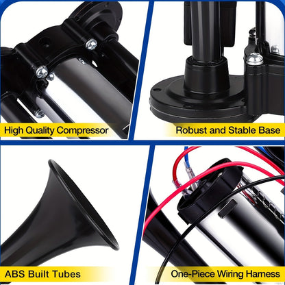 Kit de klaxon à air double super puissant 12V 24V avec compresseur d'air 105-137 dB, klaxon électrique universel en alliage d'aluminium pour camion, train, voiture, SUV, moto, bateau et pick-up