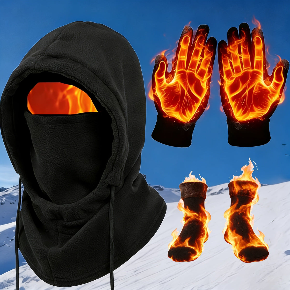Ensemble thermique d'hiver 3/4 pièces, masque coupe-vent, gants tactiles, chaussettes en polaire épaisse, équipement grand froid pour snowboard, ski, randonnée, pêche sur glace – Lot d'accessoires d'extérieur chauds et légers
