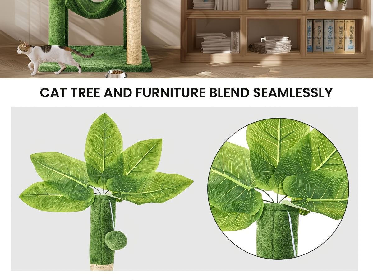 Arbre à chat de 140 cm pour chats d'intérieur avec feuilles vertes – Grande tour à chat multi-niveaux avec hamac, poteaux à griffer en sisal, jouet à suspendre, mobilier pour chat pour salon et chambre