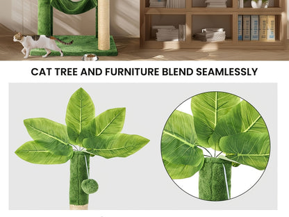 Arbre à chat de 140 cm pour chats d'intérieur avec feuilles vertes – Grande tour à chat multi-niveaux avec hamac, poteaux à griffer en sisal, jouet à suspendre, mobilier pour chat pour salon et chambre
