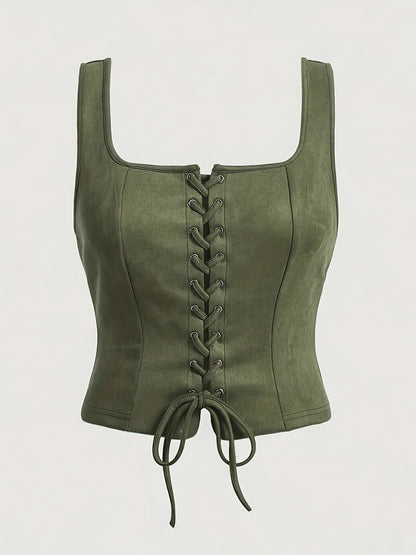 Gilet vintage à lacets avec cordon de serrage pour femme, haut tissé élégant, chemisier sans manches, printemps, été, automne, vert kaki, S M L XL