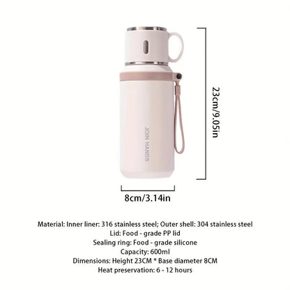 Gobelet isotherme en acier inoxydable de 600 ml, double paroi sous vide, couvercle étanche avec poignée, brosse de nettoyage incluse, pour boissons chaudes et froides, voyage, bureau, salle de sport, bouteille d'eau extérieure, 20 oz