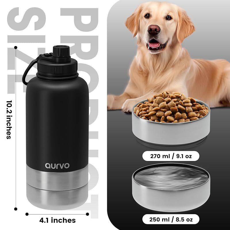 Gourde pour chien de 950 ml avec bol intégré – Gourde de voyage isotherme en acier inoxydable, étanche et portable pour la randonnée, le camping, les promenades et les sorties en plein air – Distributeur d'eau de voyage pour chien