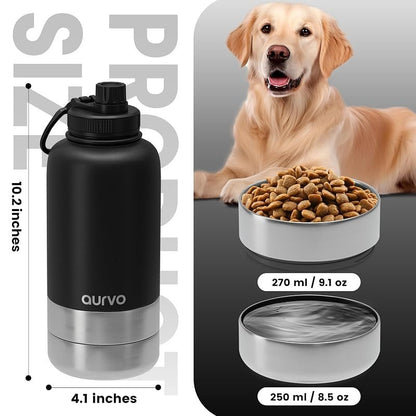 Gourde pour chien de 950 ml avec bol intégré – Gourde de voyage isotherme en acier inoxydable, étanche et portable pour la randonnée, le camping, les promenades et les sorties en plein air – Distributeur d'eau de voyage pour chien