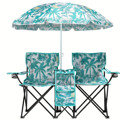Chaise pliante d'extérieur pour 2 personnes avec parasol amovible – Canapé de camping portable avec accoudoirs pour la pêche, la plage, le bronzage et le pique-nique