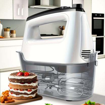 Batteur à main électrique 5 vitesses avec fonction turbo, coffret de rangement et 5 accessoires en acier inoxydable - 2 fouets, 2 crochets pétrisseurs, 1 fouet ballon, batteur à main de cuisine pour la pâtisserie, argenté