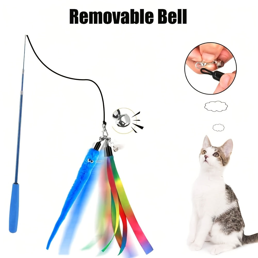 Ensemble de jouets interactifs pour chat – Canne télescopique avec 5 recharges de vers en peluche et 2 recharges à ruban, grelot détachable, sans pile, adapté à tous les chats et chatons (8 pièces)