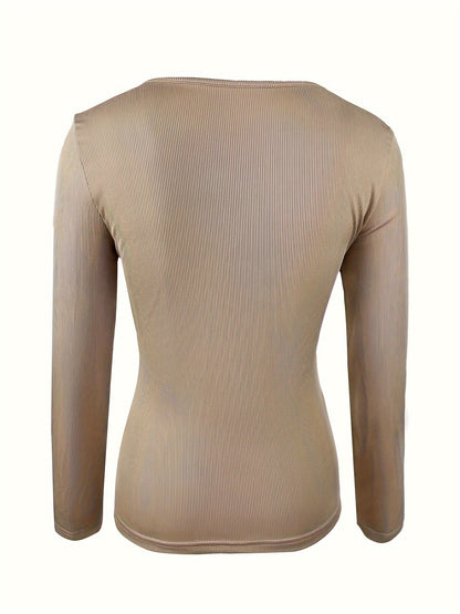 Haut à manches longues en maille côtelée pour femme, col rond, détails boutonnés, coupe ajustée, t-shirt stretch, style chic décontracté, basique automne-hiver, abricot, S-XL