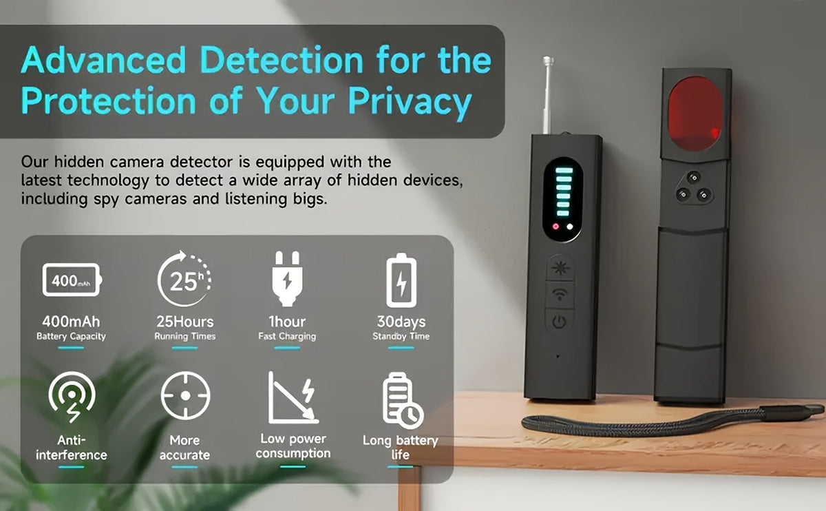 Détecteur de caméra cachée et scanner de signal RF anti-espion – Détecteur de mouchards, traceurs GPS et dispositifs d'écoute, balayeur de sécurité multifonction portable et rechargeable pour les voyages, l'hôtel, la maison, le bureau, la voiture