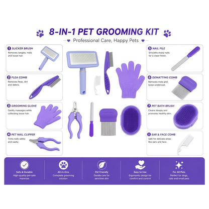Kit de 8 peignes de toilettage pour chiens, chats et petits animaux - Kit complet d'entretien pour poils longs et courts, peignes multifonctions pour tous les types de pelage, essentiel pour le toilettage à domicile (violet)