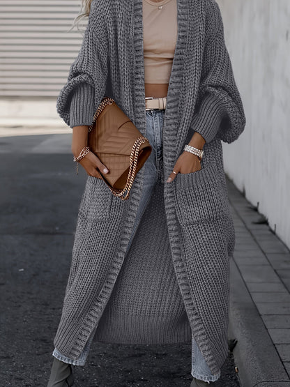 Cardigan long femme à épaules tombantes avec poches, manteau oversize uni à manches longues pour automne-hiver, tailles S M L XL XXL, gris noir abricot camel marine, manteau enveloppant confortable