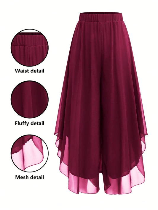 Women's Chiffon Flare Pants Asymmetrical Hem Elegant Flowy Wide Leg Trousers Casual Dressy Solid Color XS-XXL 4 Colors