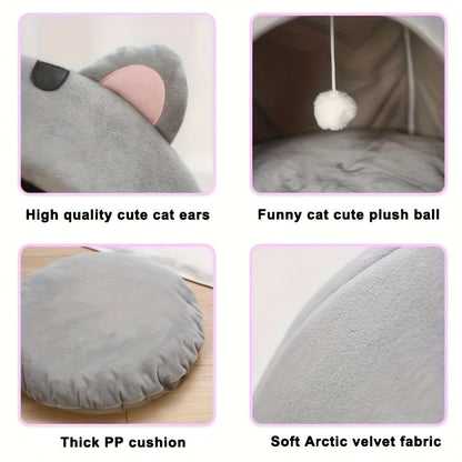 Niche pour chat, lit douillet et chaud pour chaton avec coussin amovible et lavable, design mignon avec oreilles de chat, tente semi-fermée pour chats d'intérieur et chatons – Lit de couchage en peluche douce antidérapant pour animaux