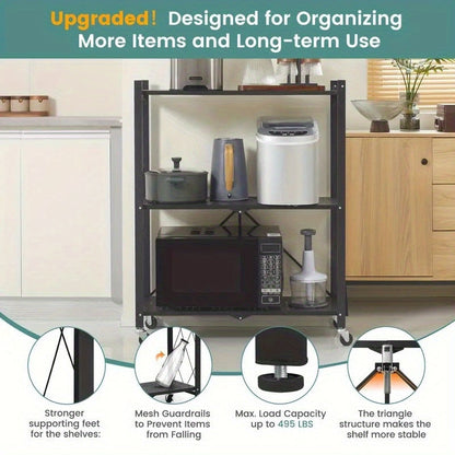 Étagère de rangement pliable en métal robuste à 3 niveaux avec roulettes, capacité de 340 kg – Unité de rayonnage roulante et mobile pour garage, cuisine, entrepôt et organisation de la maison, noir