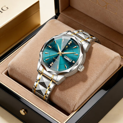 Montre à quartz pour homme RUIGE – Veilleuse, double calendrier, cadran à facettes façon diamant, boîtier en acier inoxydable, bracelet en alliage, montre-bracelet business décontracté, cadeau idéal pour la fête des pères
