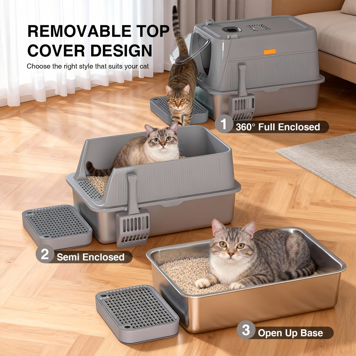 Bac à litière pour chat surdimensionné en acier inoxydable avec couvercle, toilette intérieure pliable anti-éclaboussures avec porte à rabat avant et contrôle supérieur des odeurs
