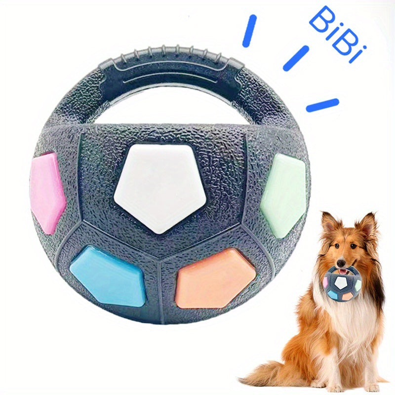 Jouet pour chien ballon de football avec couineur et poignée de transport - Balle interactive pour chien en TPR durable pour toutes les tailles, jouet rebondissant de 14 cm pour rapporter et dribbler, pour jouer à l'intérieur et à l'extérieur