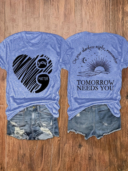 T-shirt pour femme à imprimé « You Matter » à l'avant et à l'arrière, col rond, haut décontracté à manches courtes S M L XL XXL Rose Blanc Noir Rouge Bleu Gris