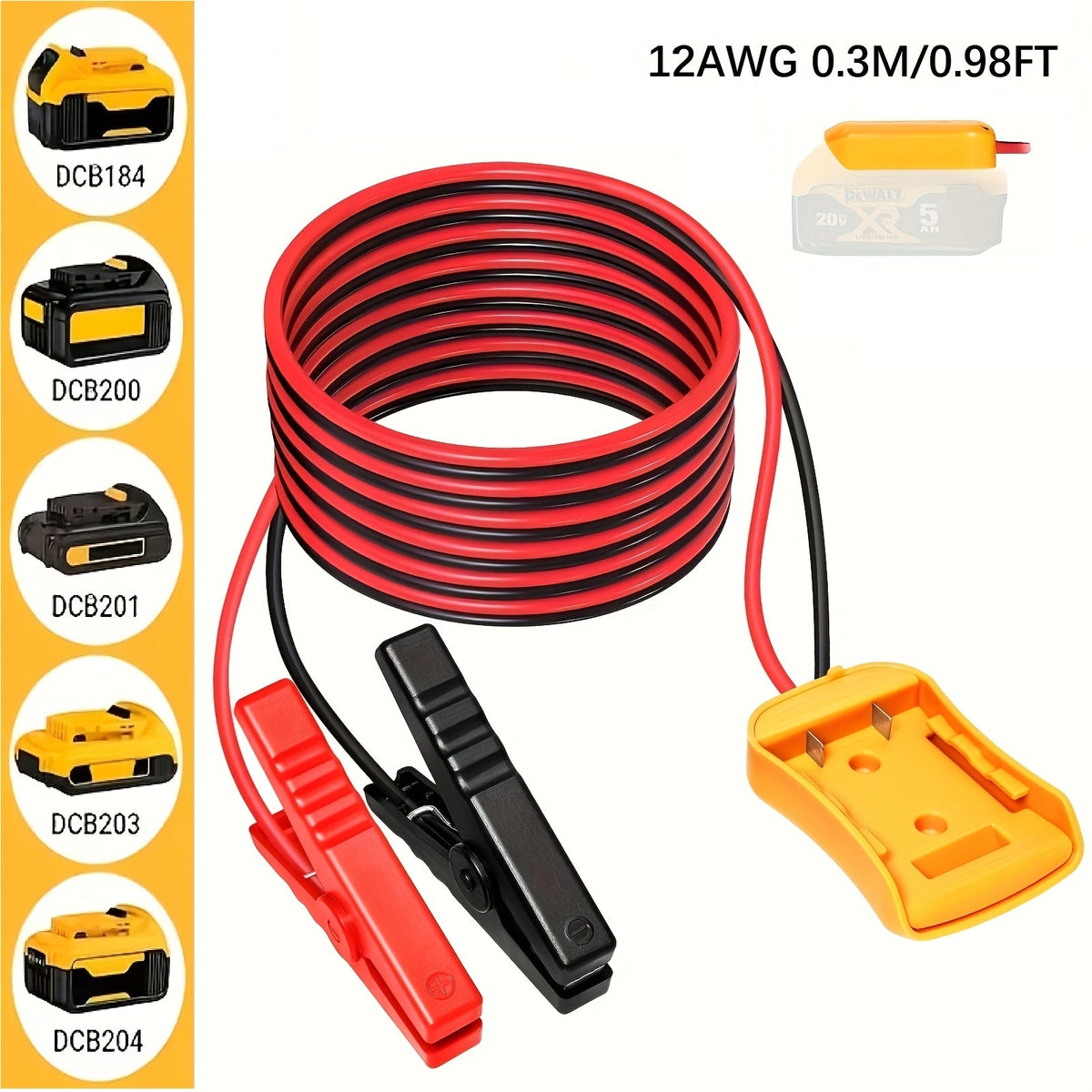 Câble de démarrage pour voiture avec adaptateur pour batterie DeWalt 18V/20V DCB – Câbles de démarrage portables, 0,3 m et 2 m, matériau ABS, aucune batterie requise