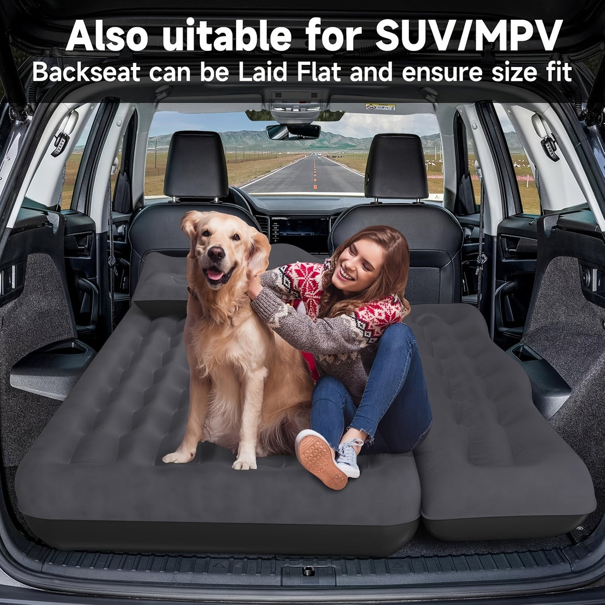 Matelas gonflable pour banquette arrière de voiture, SUV, camion et monospace – Lit pneumatique portable avec 2 oreillers pour camping, voyages sur route et plein air, bleu foncé