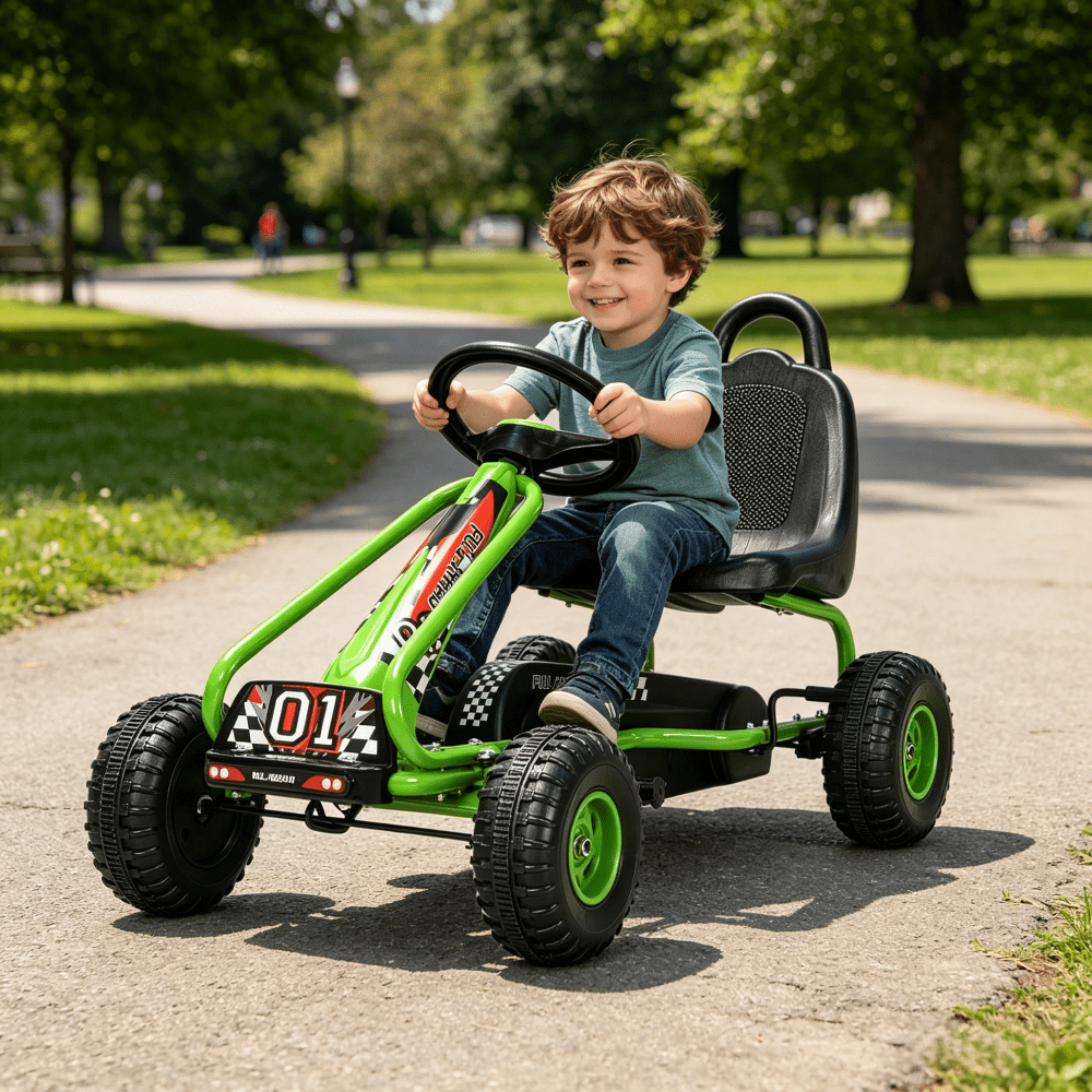 Kart à pédales pour enfants de 3 à 6 ans, voiture à pédales à 4 roues avec siège réglable, frein à main, roues antidérapantes, kart de course extérieur pour garçons et filles - Bleu, vert, rouge, rose