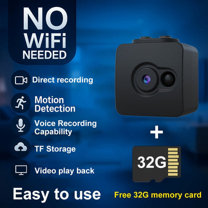 Mini caméra de sécurité espion sans WiFi – Prise en charge carte SD 32 Go, enregistrement en boucle, batterie rechargeable, Plug & Play – Sécurité domestique, babyphone, caméra pour animaux, surveillance de bureau