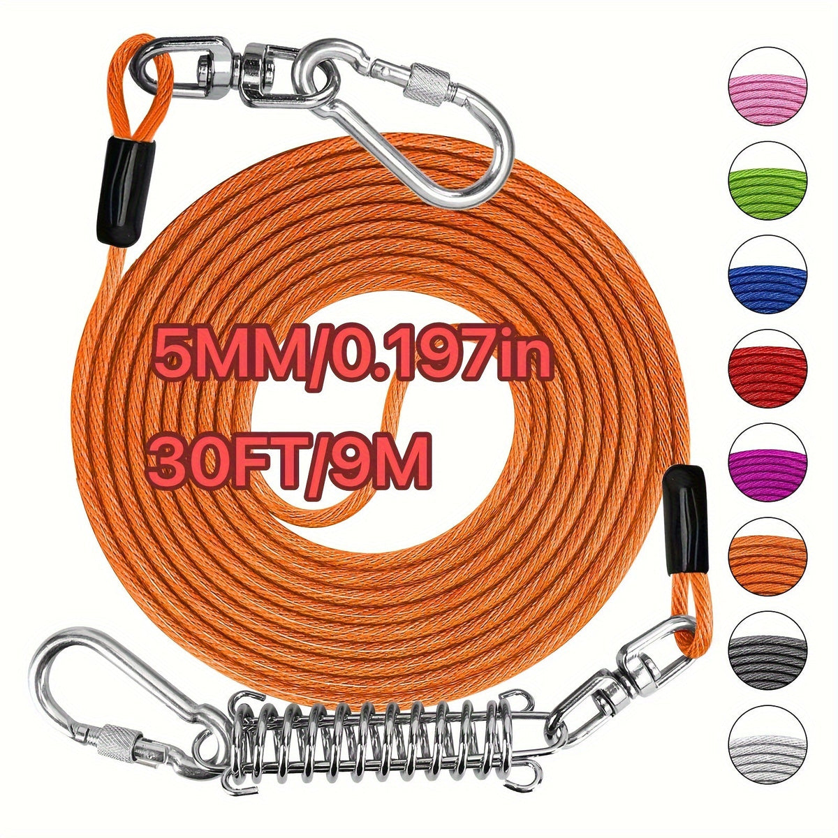 Laisse pour chien ultra-résistante de 1,8, 3, 4,5, 9, 15, 23 ou 30 mètres, câble d'attache d'entraînement pour grands chiens jusqu'à 225 kg, corde de course durable et résistante aux morsures pour le jardin