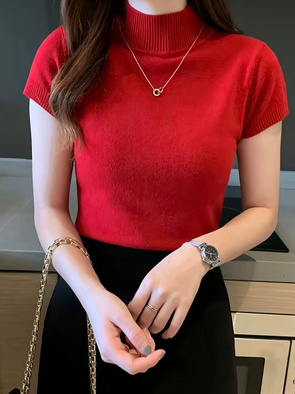 Pull à manches courtes et col montant en fibre glacée pour femme | Haut en maille fine rafraîchissant et léger, tenue décontractée et polyvalente pour l'été