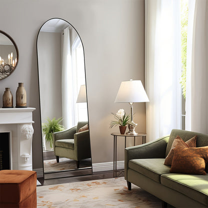 Miroir sur pied pleine longueur avec lumières LED - Sommet arqué et rectangulaire, cadre en aluminium, miroir habillage sur pied de 180 cm pour chambre et salon, noir or blanc, verre trempé de 5 mm