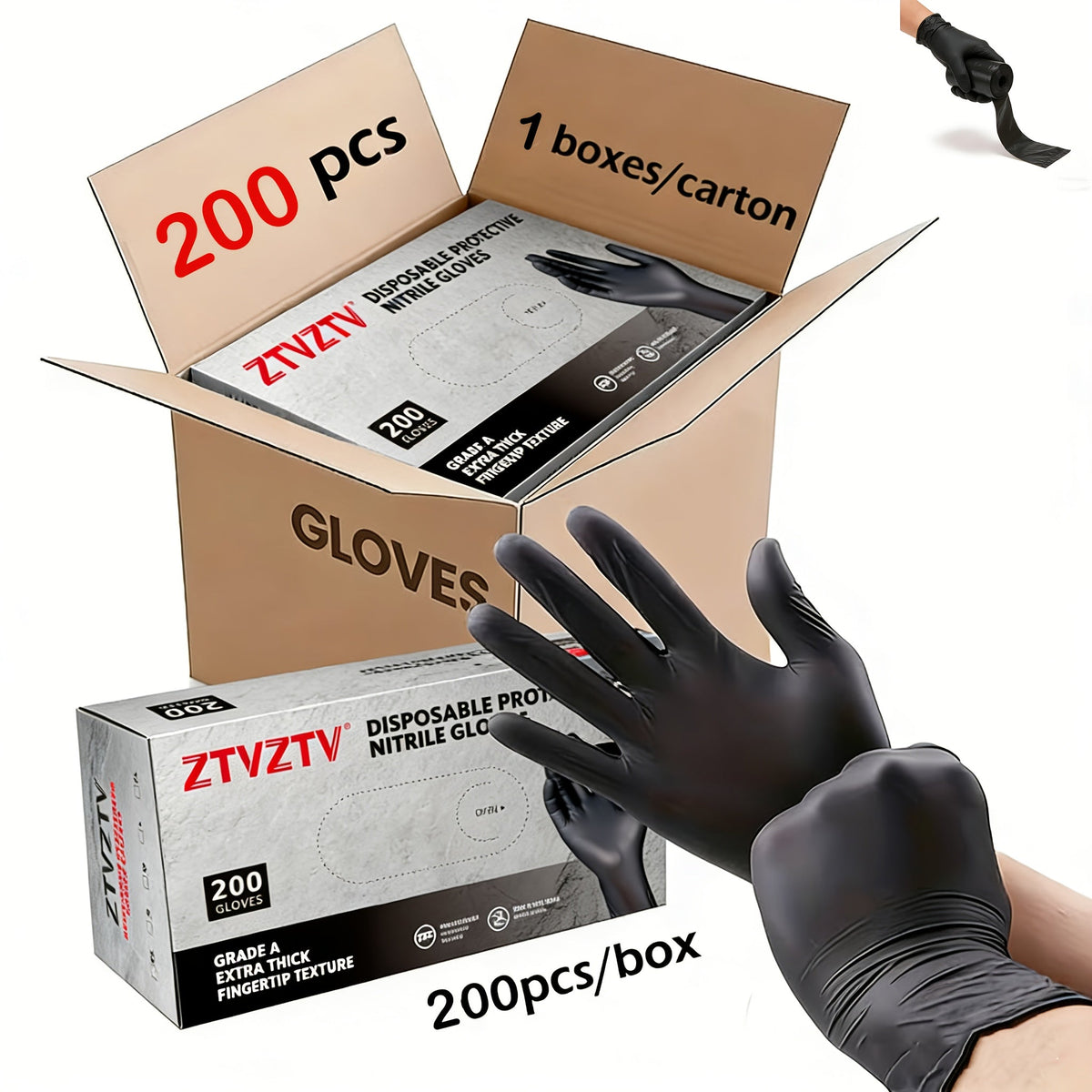 Gants jetables en nitrile noir, boîte de 200, sans latex, résistants aux produits chimiques, haute densité, coupe flexible, usage industriel pour le nettoyage, le tatouage, la peinture, le lavage de voiture – S M L XL