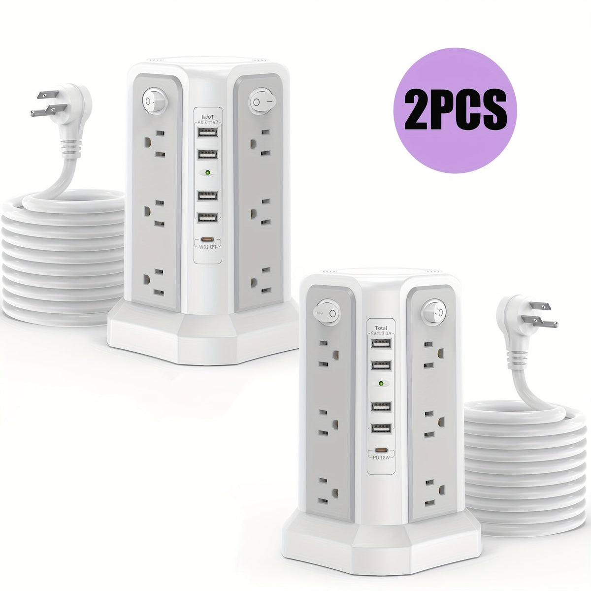 Tour multiprise, 16 prises CA, 5 ports USB, USB-C PD 20W, parafoudre 1500J, prise plate, rallonge de bureau