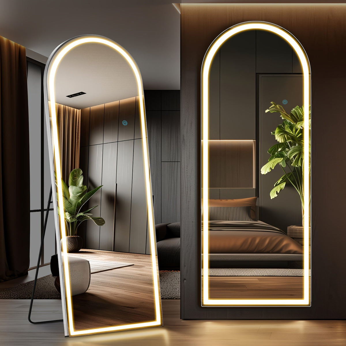 Miroir sur pied pleine longueur avec lumières LED - Sommet arqué et rectangulaire, cadre en aluminium, miroir habillage sur pied de 180 cm pour chambre et salon, noir or blanc, verre trempé de 5 mm