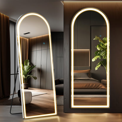 Miroir sur pied pleine longueur avec lumières LED - Sommet arqué et rectangulaire, cadre en aluminium, miroir habillage sur pied de 180 cm pour chambre et salon, noir or blanc, verre trempé de 5 mm