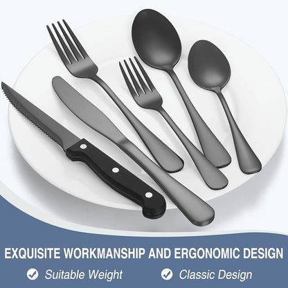 Service de couverts 48 pièces avec couteaux à steak pour 8 personnes – Ménagère en acier inoxydable 304, finition miroir, lavable au lave-vaisselle, cuillères, fourchettes, couteaux, argenté noir
