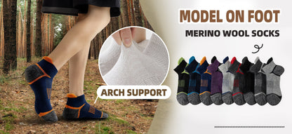 Lot de 6 paires de chaussettes de randonnée en laine mérinos pour hommes et femmes, chaussettes de course et de travail à cheville rembourrée avec soutien de compression, design invisible, respirant et absorbant l'humidité – Excellente idée cadeau
