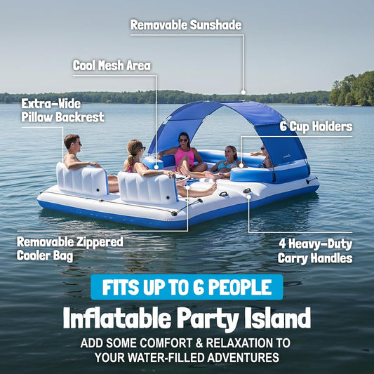 Île flottante gonflable pour 6 personnes Bestway Hydro-Force – Piscine géante de 389 cm x 274 cm avec pare-soleil amovible, 6 porte-gobelets, sac isotherme et dossiers, capacité de 540 kg pour lac, plage et piscine