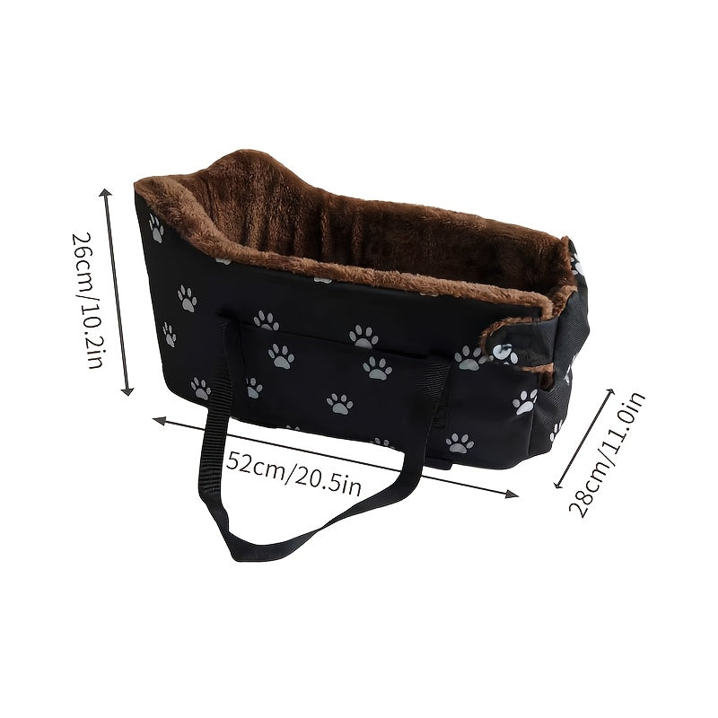 Nid pour console d'accoudoir de voiture pour animaux – Siège-lit portable pour petit chien et chat, nid pour console centrale avec motif d'empreintes de pattes, compagnon de voyage confortable pour petits animaux, empreintes noires et grises