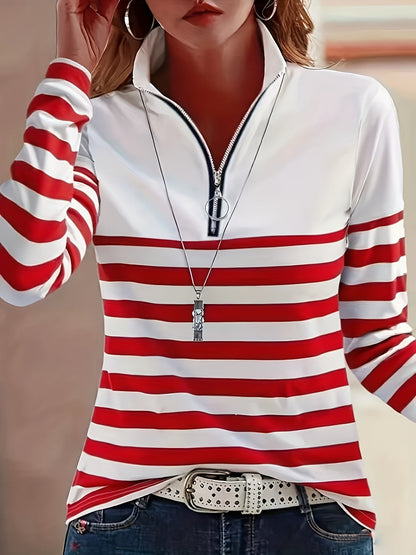 Striped Print Long Sleeve Zip Up Stand Collar T-Shirt Women Casual Top – Black Bars Red Blue Light Green Stripes S-XXL