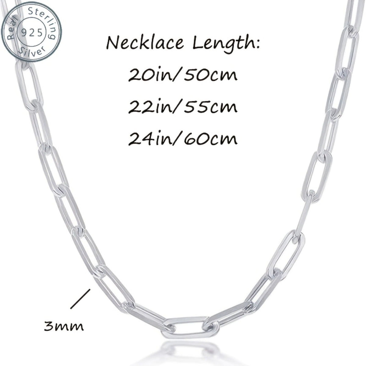 Collier chaîne trombone en argent sterling 925 pour femmes et hommes – Style bohème de 3 mm d'épaisseur avec pierre synthétique, 20/22/24 pouces, coffret cadeau inclus, bijou durable pour un usage quotidien et offrir en cadeau