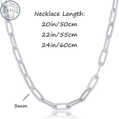 Collier chaîne trombone en argent sterling 925 pour femmes et hommes – Style bohème de 3 mm d'épaisseur avec pierre synthétique, 20/22/24 pouces, coffret cadeau inclus, bijou durable pour un usage quotidien et offrir en cadeau