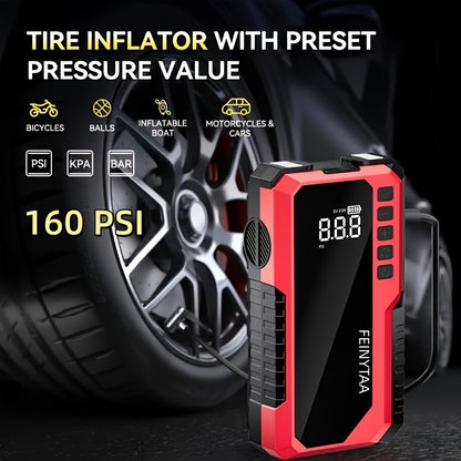 Démarreur avec gonfleur de pneus numérique 5000A/10000A en pic, booster de batterie multifonction pour voiture avec pinces intelligentes, lampe torche LED et batterie externe, kit d'urgence pour voiture, camping-car et moto