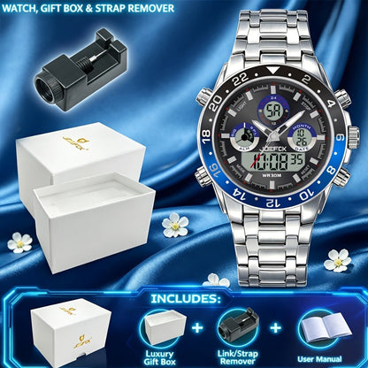 Montre chronographe d'affaires vintage pour homme avec bracelet en acier – Montre-bracelet étanche à double mouvement avec outil de réglage de bracelet, cadeau d'anniversaire ou de fête des pères pour homme