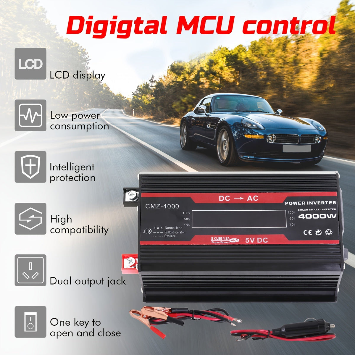 Onduleur de voiture 4000W CC 12V vers CA 110V avec écran LCD, ventilateur de refroidissement et protection contre les surcharges - Convertisseur portable de 800W nominal pour voyages en voiture, camping, activités en extérieur et kits d'urgence